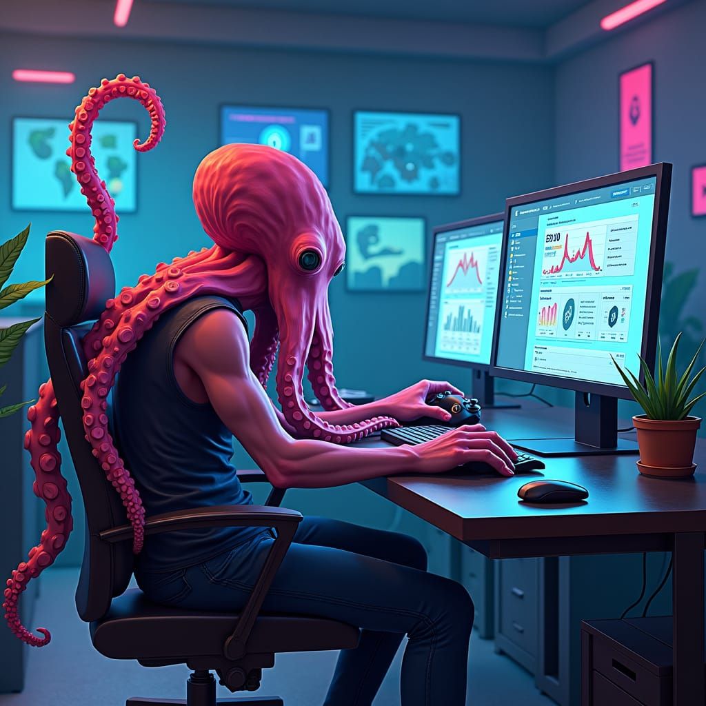 Octopus Gamer in Futuristic Cyberpunk Office