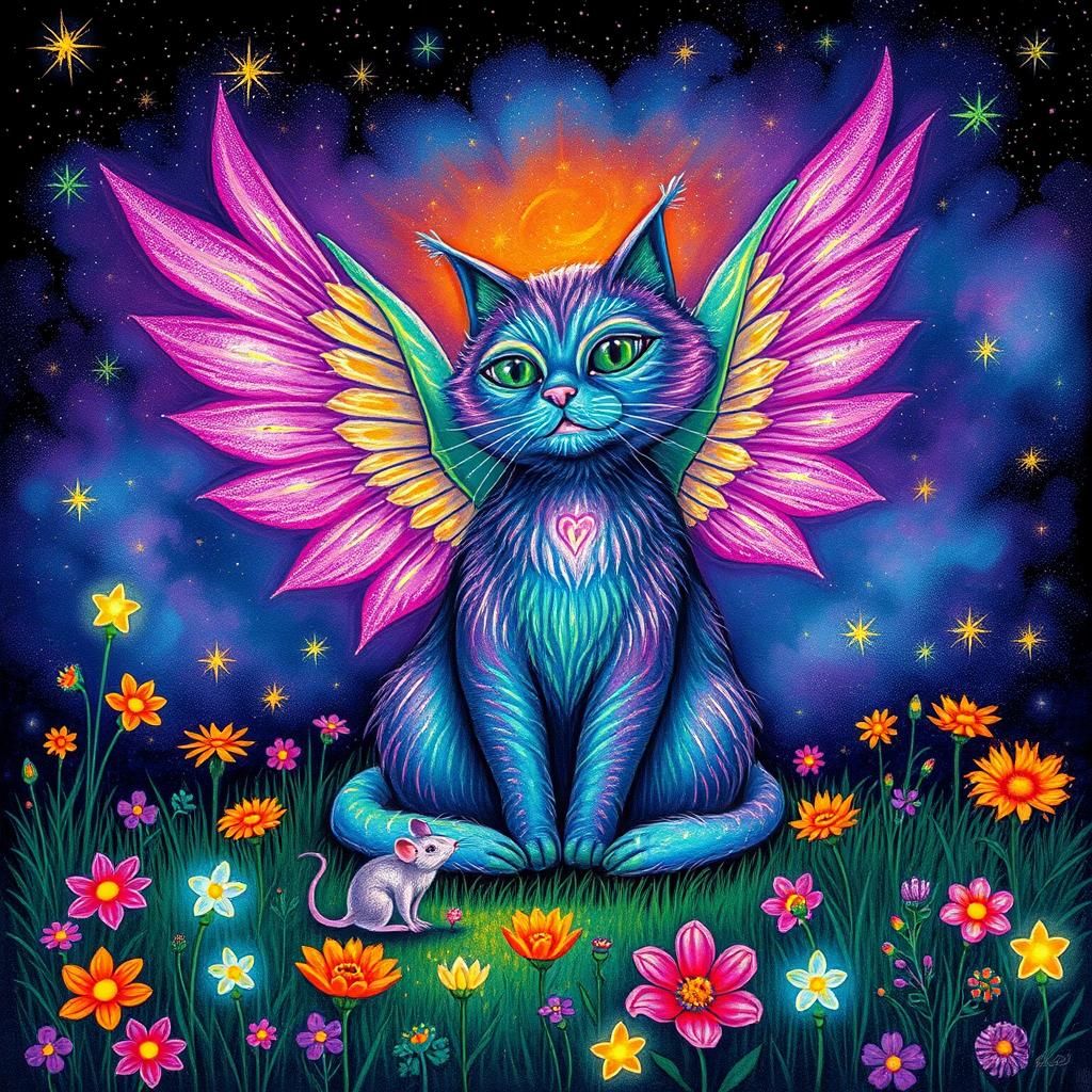 Psychedelic Angel Cat and Mouse in Cosmic Meadow