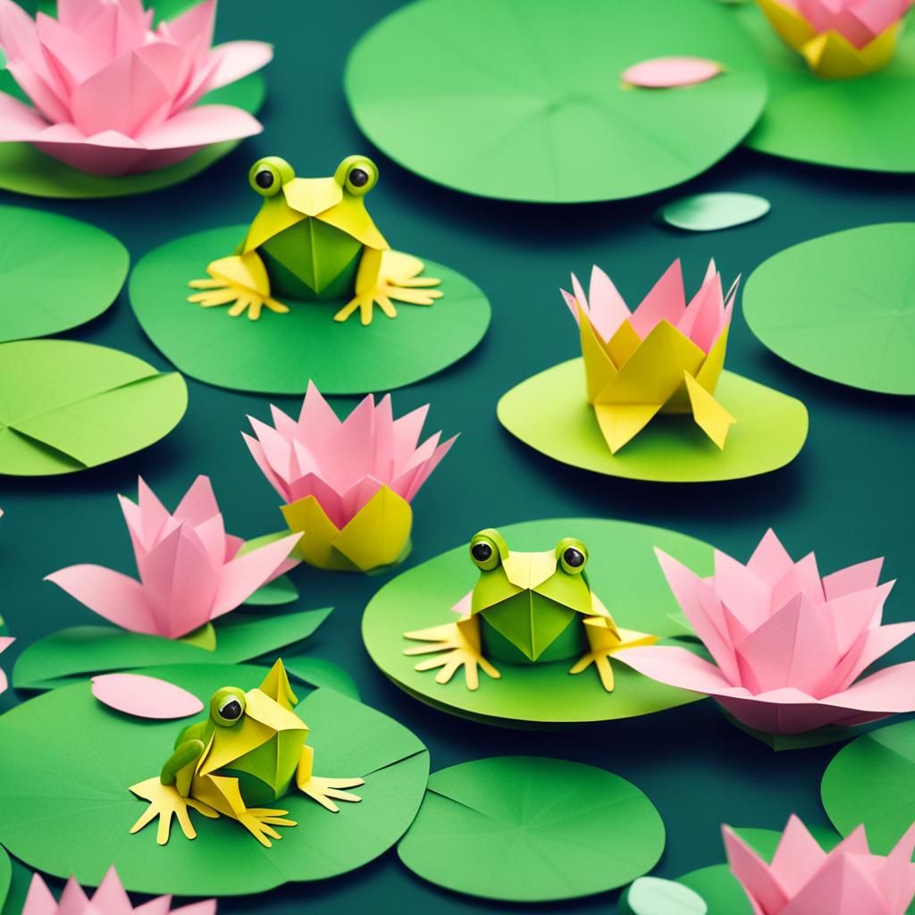 Whimsical Origami Frog with Crown on Lily Pad