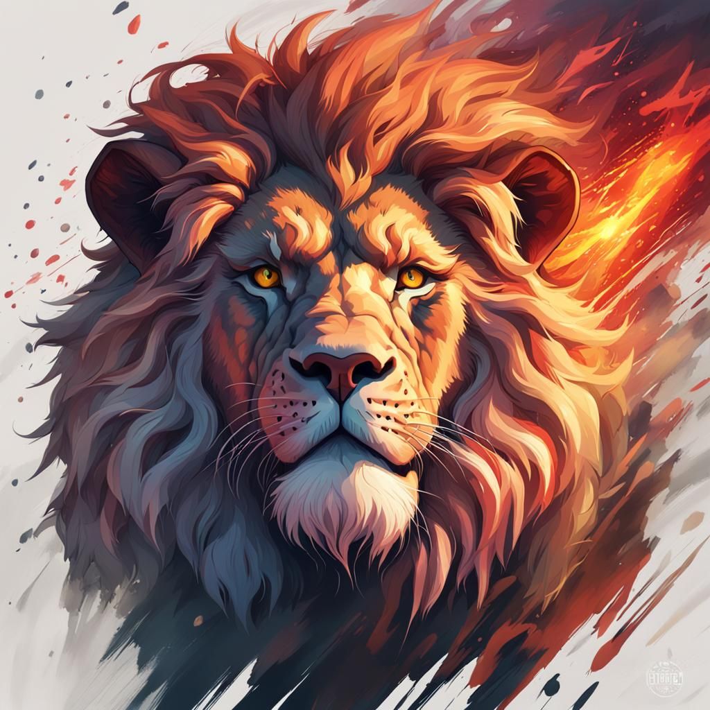 Fierce Fiery Lion Portrait in Hyperdetailed Digital Art