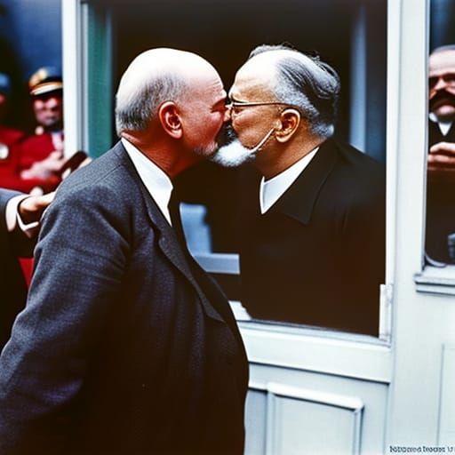 Close-up Portrait of Trotsky Kissing Lenin