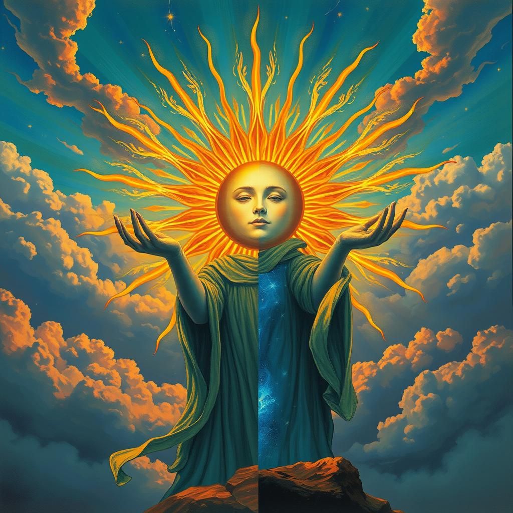 Radiant Sun God Spreading Light in Surreal Sky