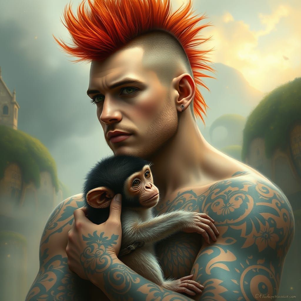 Ethereal Fantasy Portrait of a Tattooed Warrior Holding a Ba...