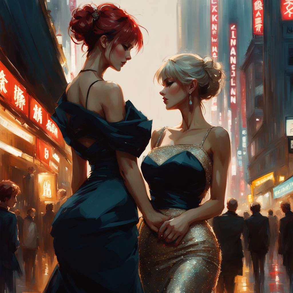Flirty Ladies in Shinning Dresses, Digital Art