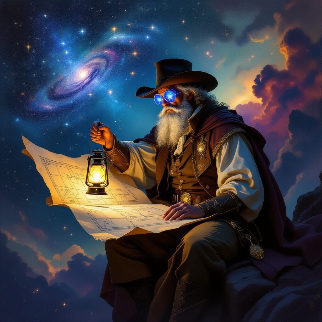 Celestial Cartographer Charting Galaxies as Oil Painting