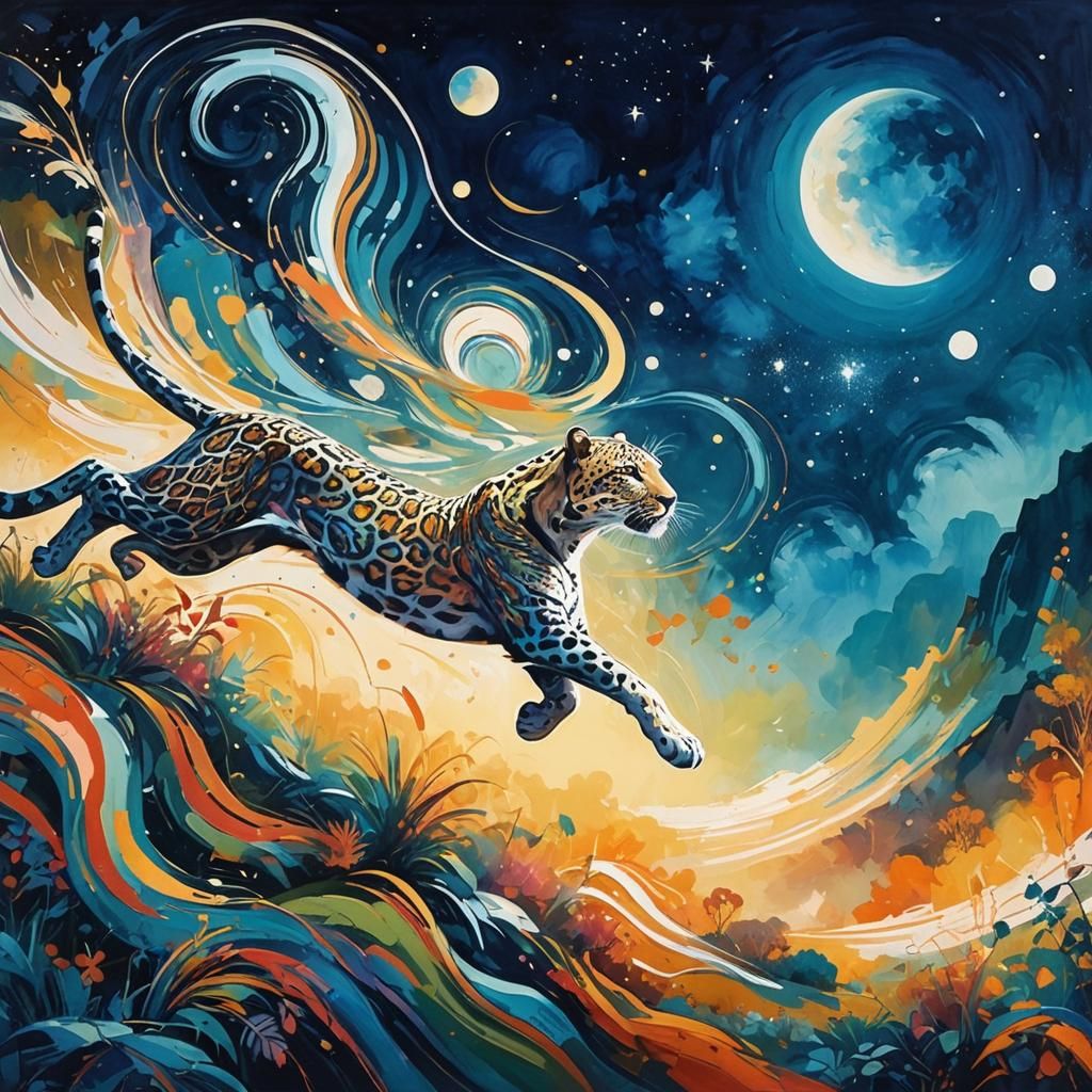 Leaping Leopards in Lyrical Abstract Landscape