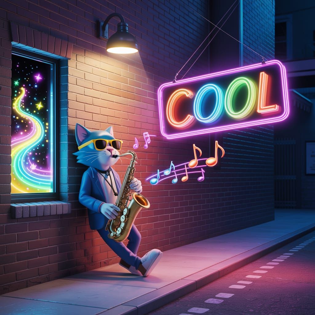 A humanoid jazz cat wearing sunglasses playing a saxophone w...