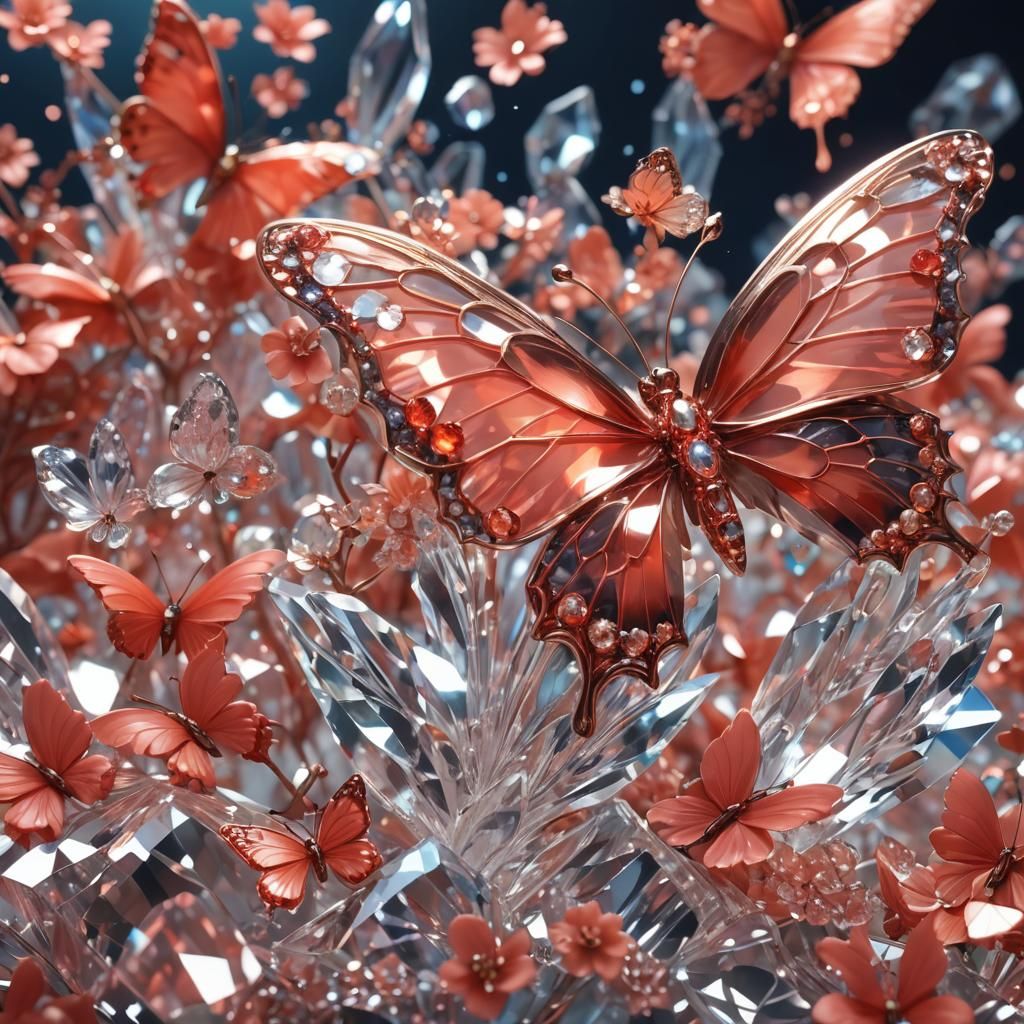 Crystal Butterfly on Hibiscus in Coral: 3D Anime Art