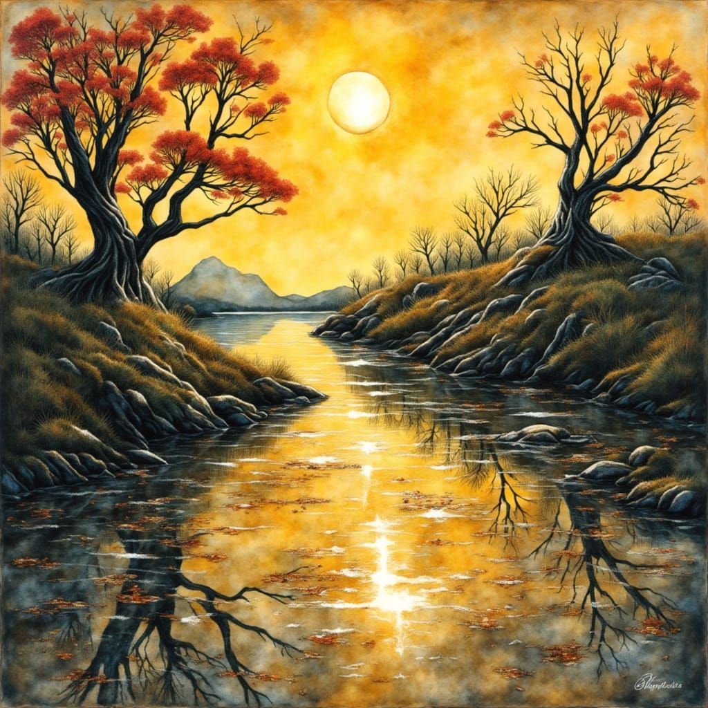 Vibrant Alcohol Ink Landscape with Golden Foil Details