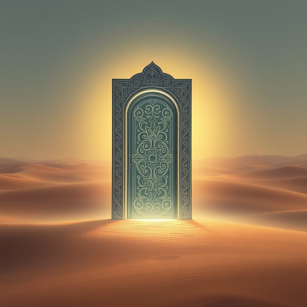 Glowing Door in Desert Landscape: Digital Painting