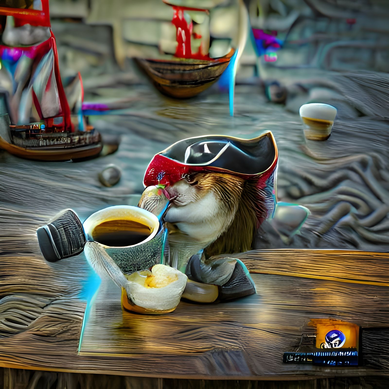 Pirate Cat Drinking Coffee in 8K 3D