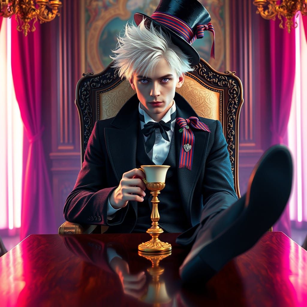 Ethereal Gentleman Sips Tea from Ornate Chair