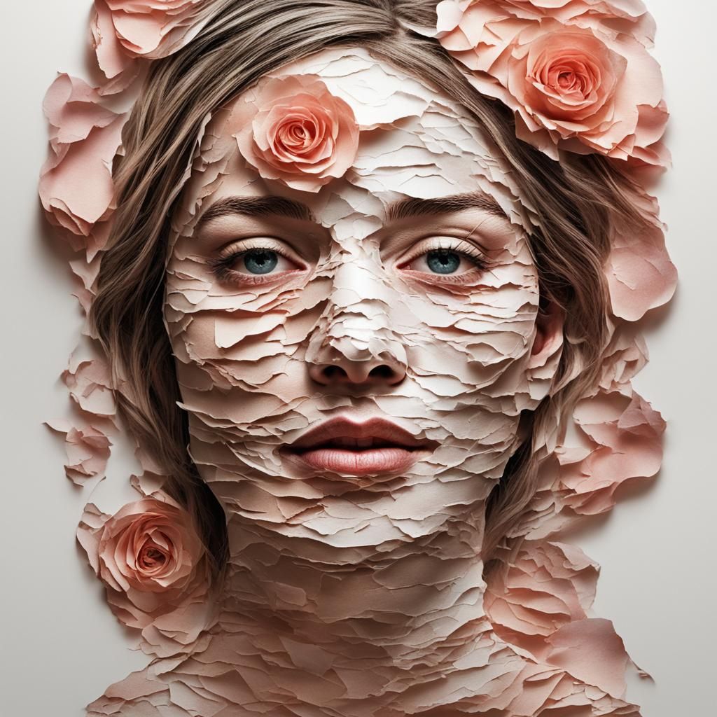 Rose Petal Face in Ripped Paper Layers