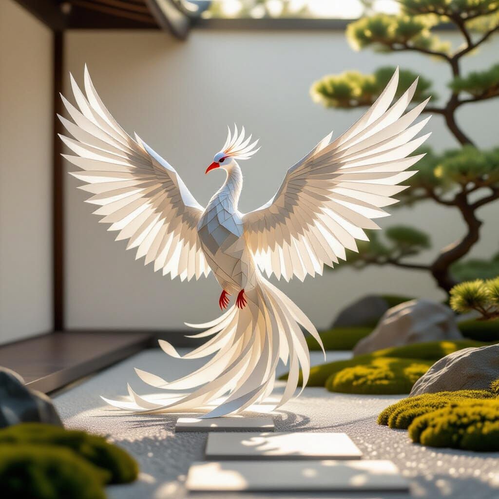 Origami Phoenix in Minimalist Zen Garden