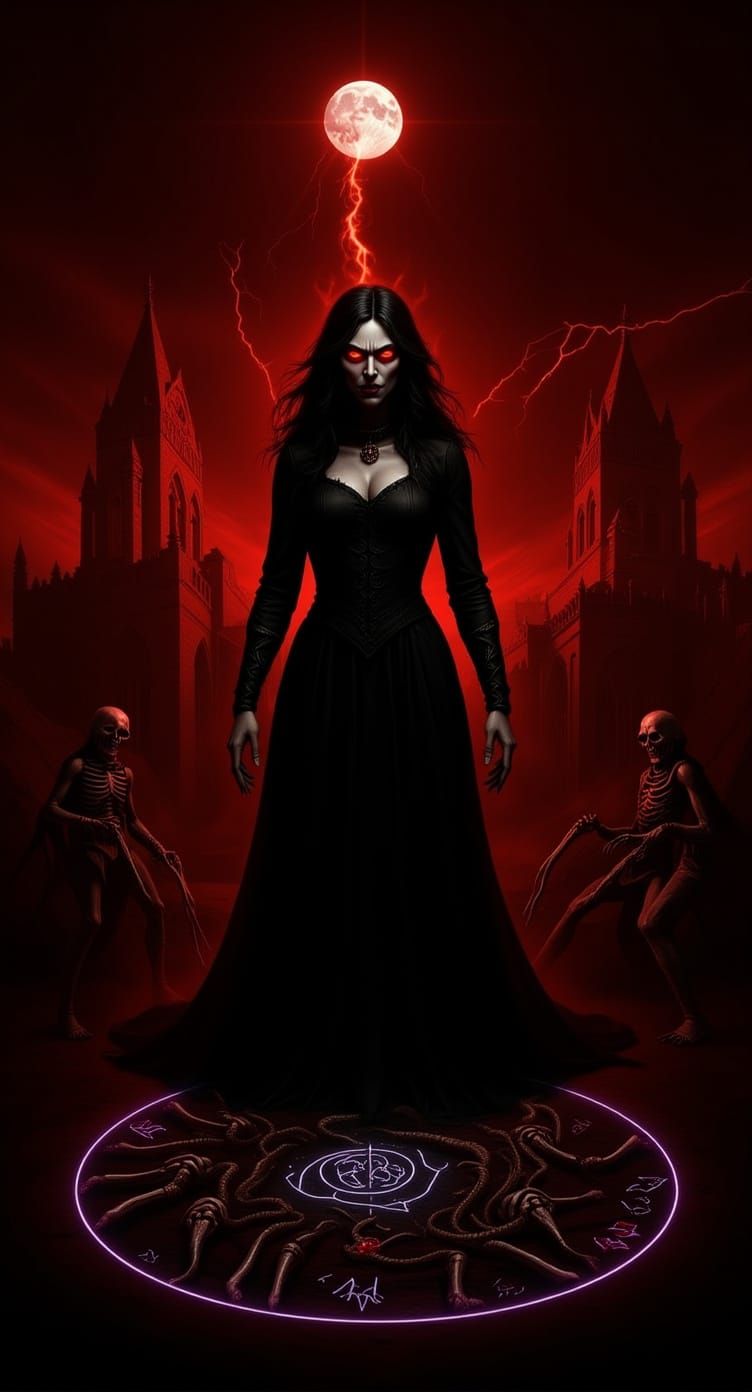 Sinister Vampire Witch Rises from Mist in Mythic Horror Scen...