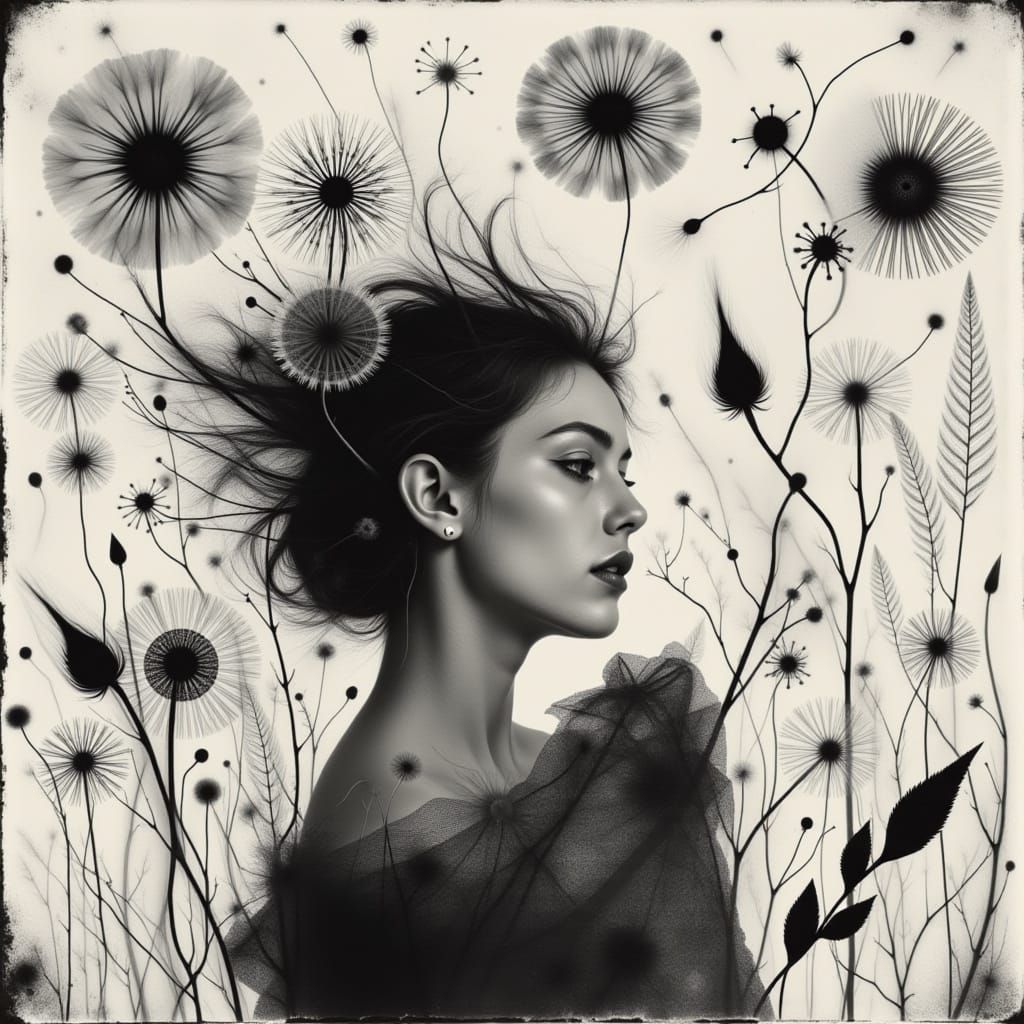 Woman in Botanical Dreamscape: Paul Klee Style