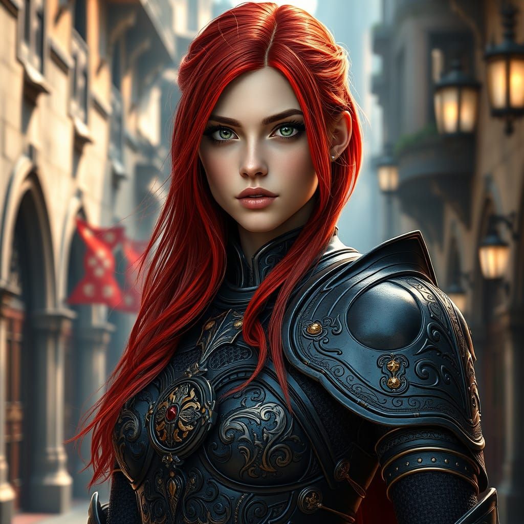 Red-Haired Warrior in Arthurian City, Digital Art