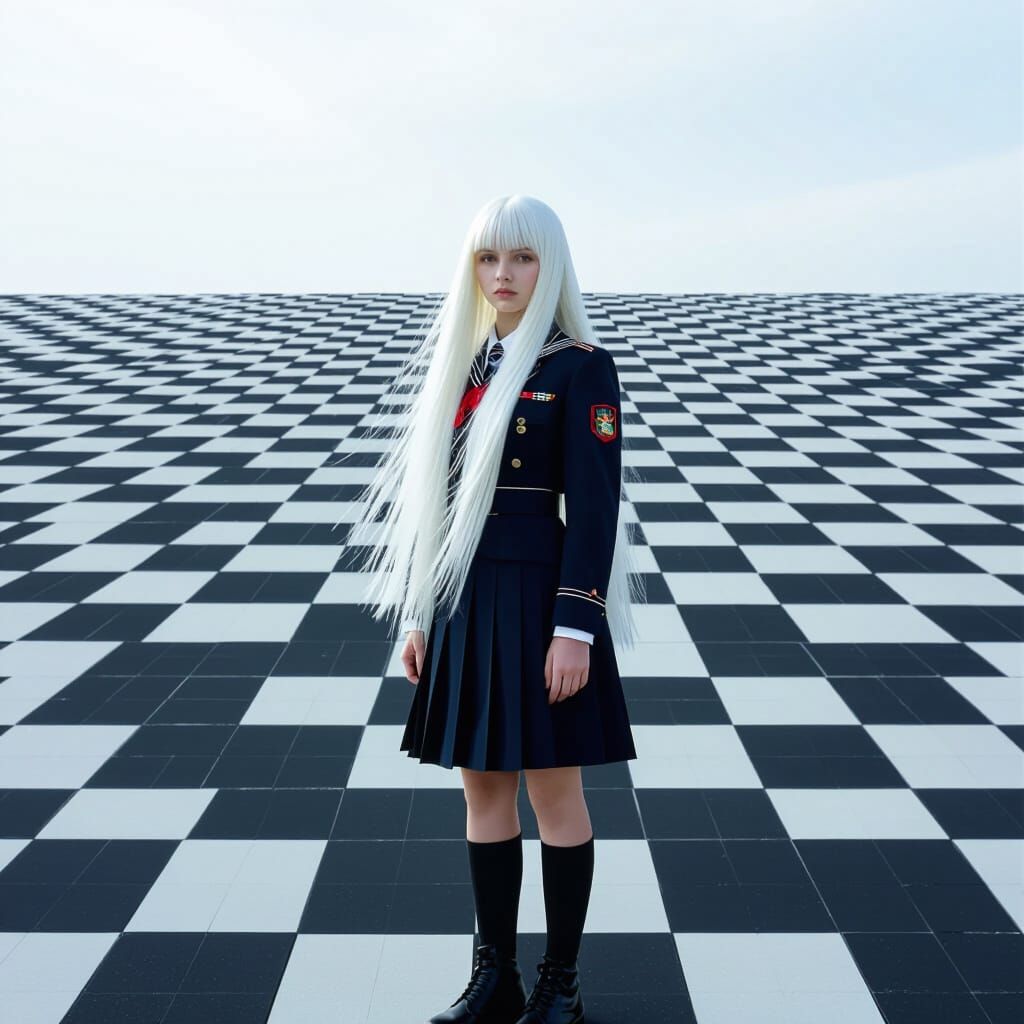 Girl in Russian School Uniform Under Grey Sky