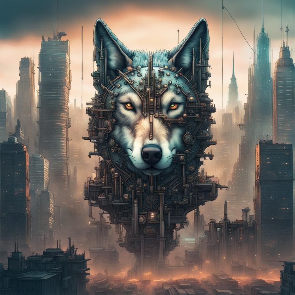 Wolf and Cityscape Double Exposure in Anime Steampunk Style