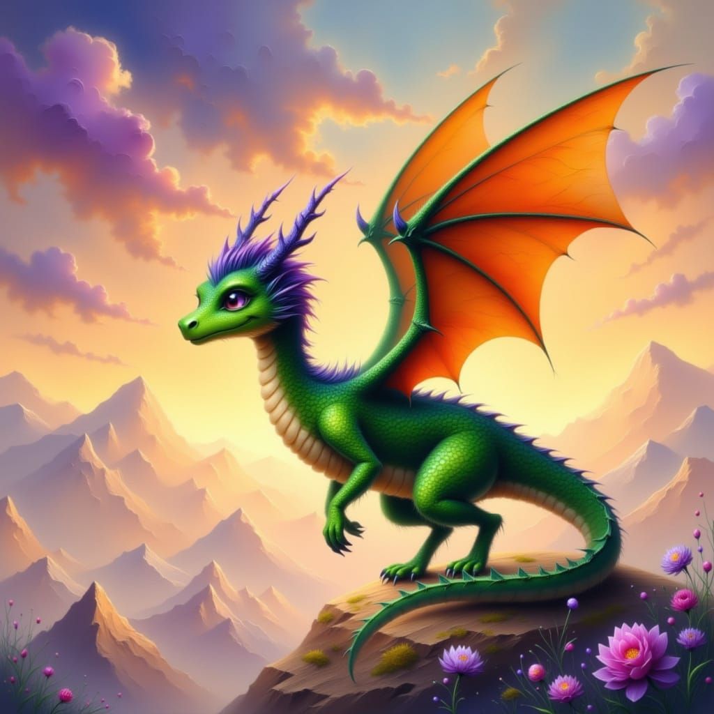 Fluffy Dragon Flying in Sunset Sky