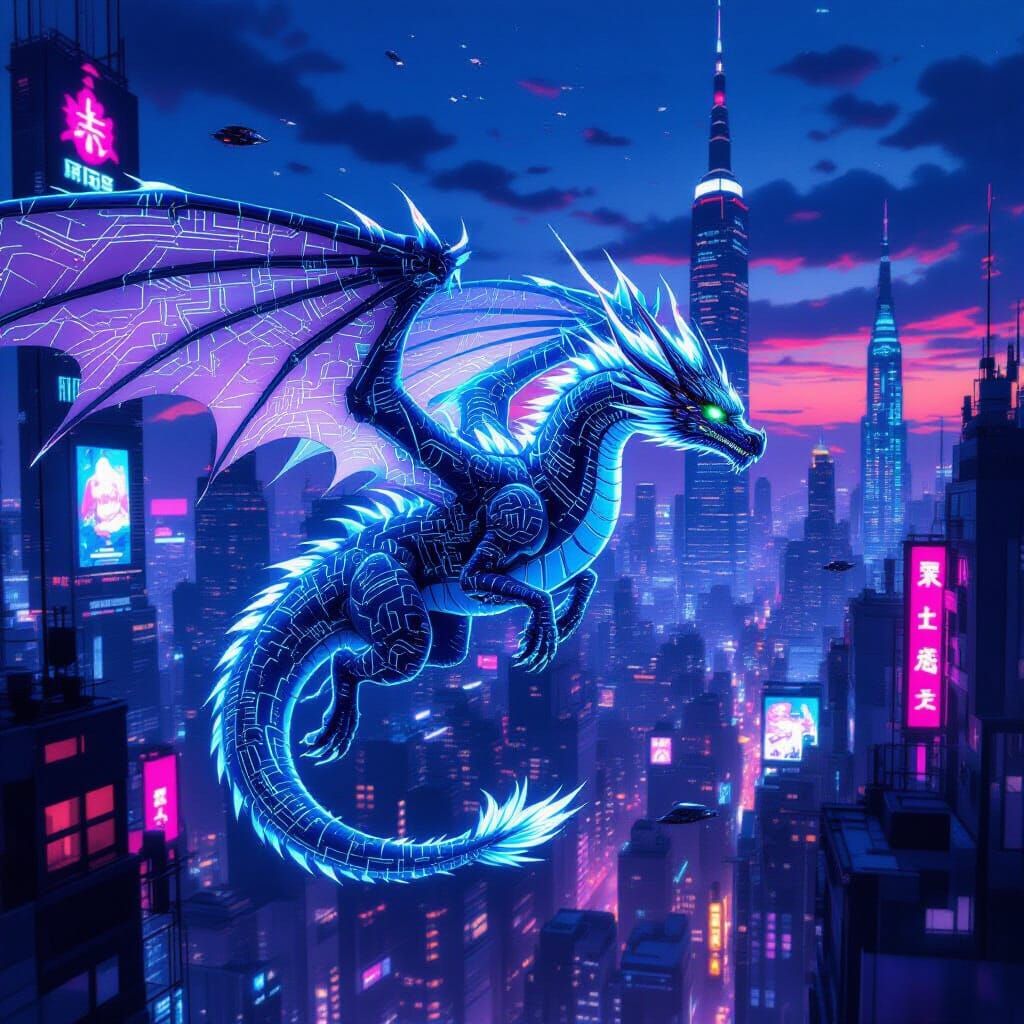 Bio-Luminescent Dragon Soars Through Neon Cyberpunk City