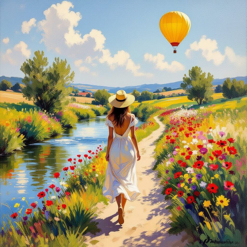 Woman in Sundress: Photorealistic Landscape with Balloon