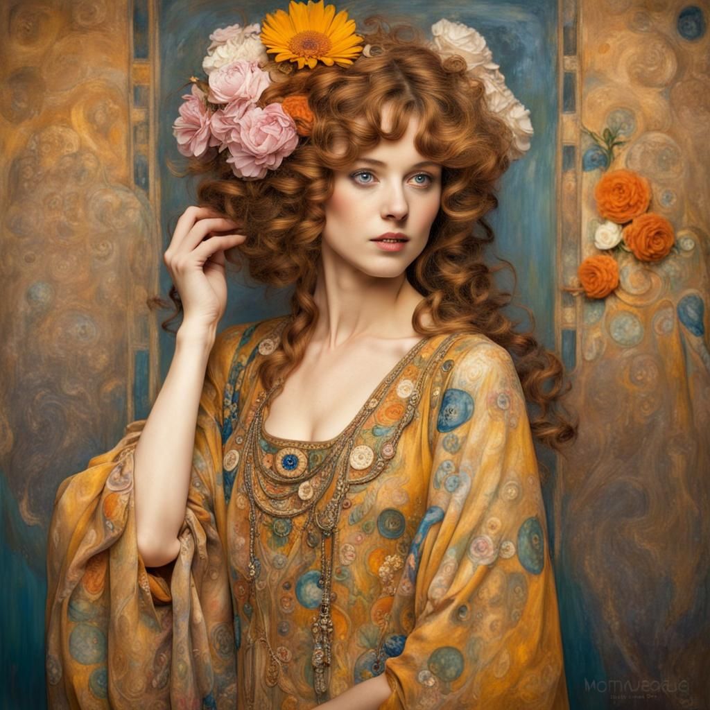 Woman in Colorful Dress: Mucha-Inspired Oil Painting
