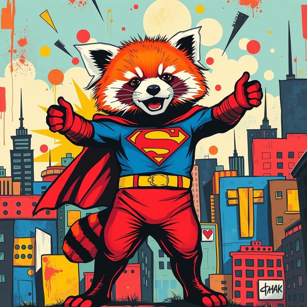 Red Panda Hero in Funk Art Cityscape