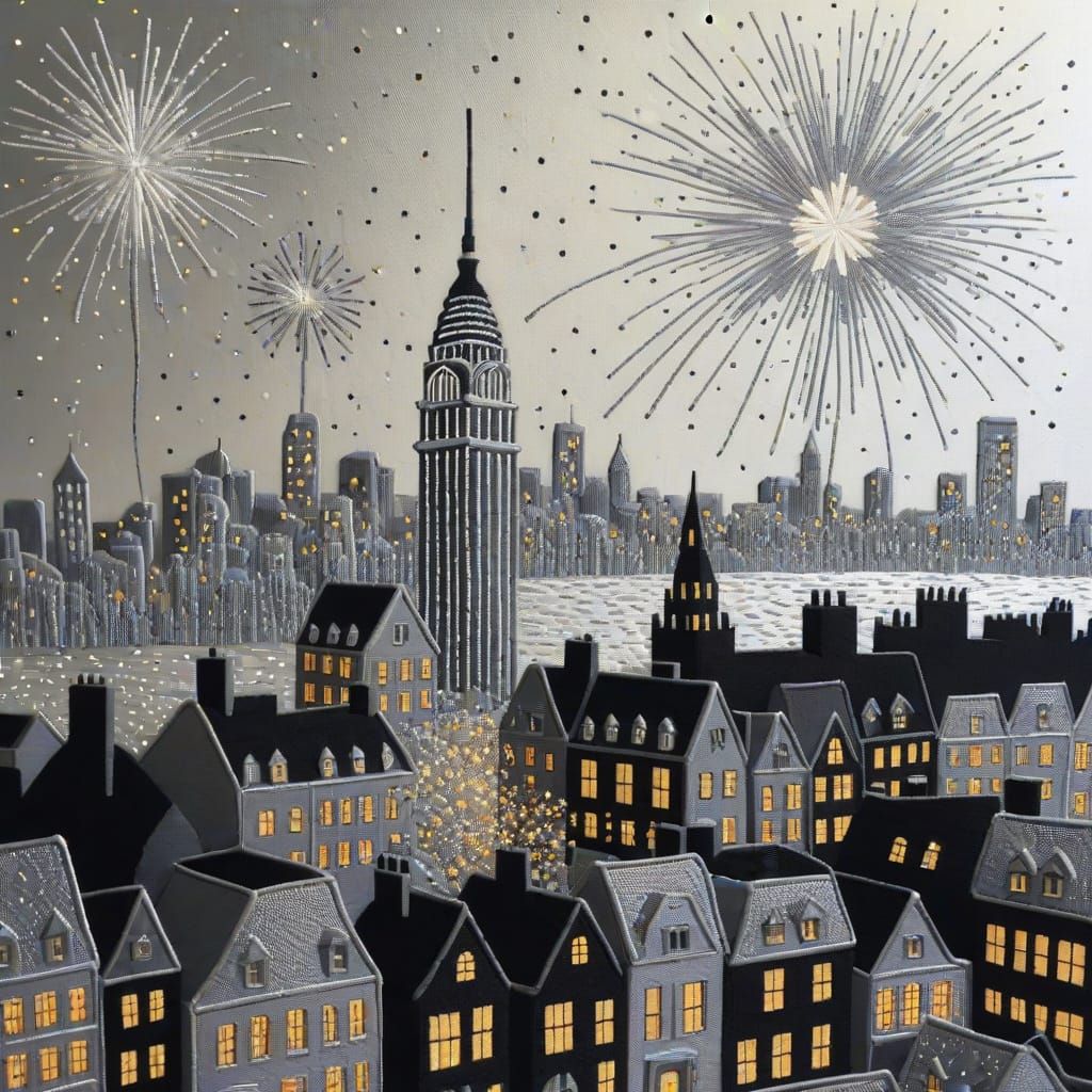 Silver Fireworks Over Cityscape in LED Lights