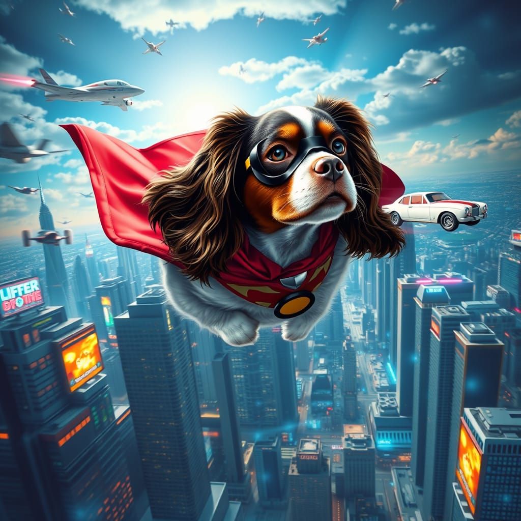 Cavalier King Charles Spaniel Soars as Futuristic City Hero