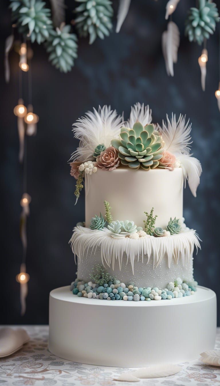 Boho Chic Wedding Cake with Feathers and Succulents