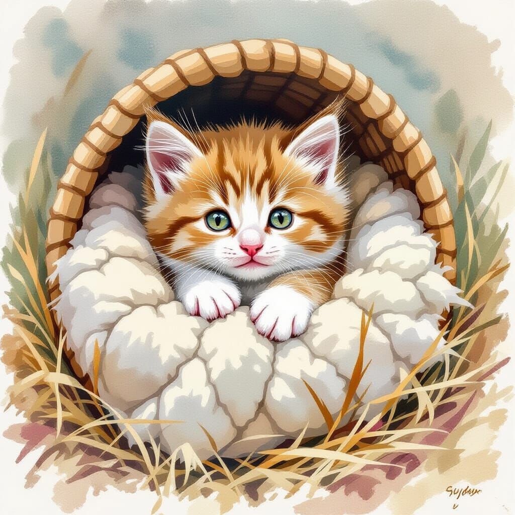 Adorable Kitten Nestled with Puppies in Watercolor Style