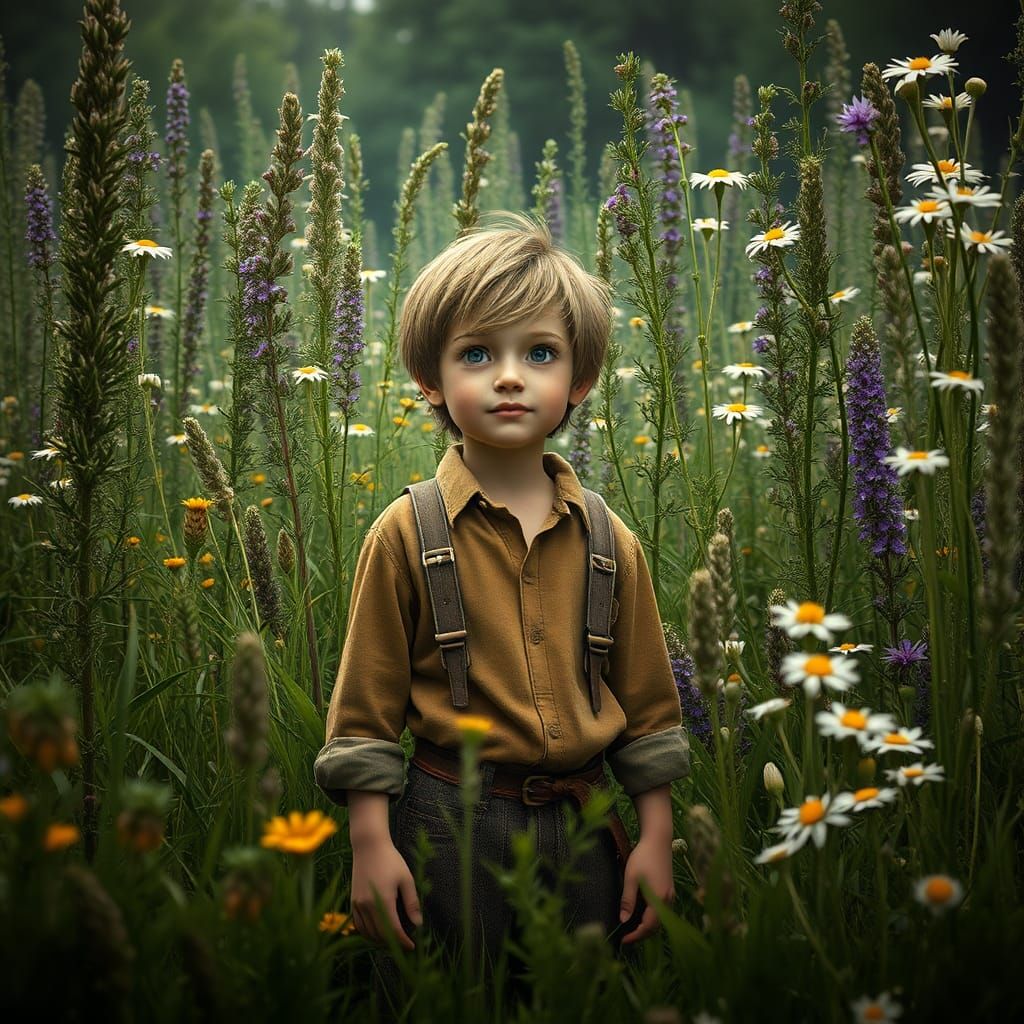 Boy in Giant Herb Meadow, Hyperrealistic Fantasy