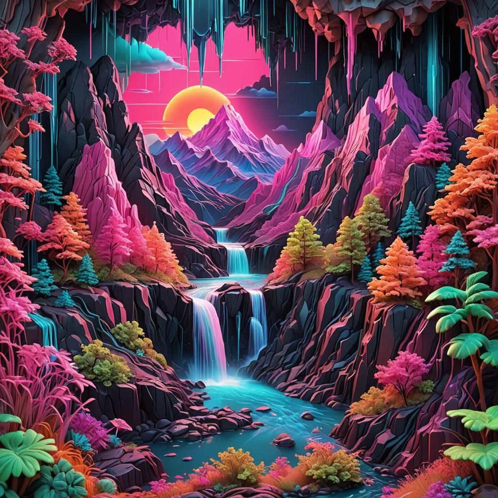 Mountain Waterfall Scenery in Synthwave Neon Style