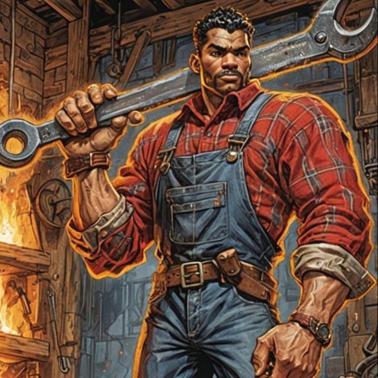 Strong Blacksmith with Wrench in Vintage Comic Art