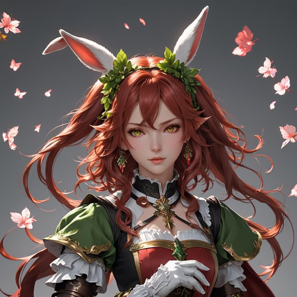 Anime Bunnygirl Cleric with Auburn Hair and Green Eyes