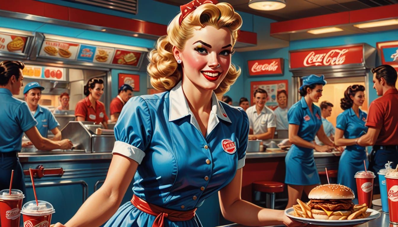 Retro Pin-Up Waitress in Comic Book Art Style