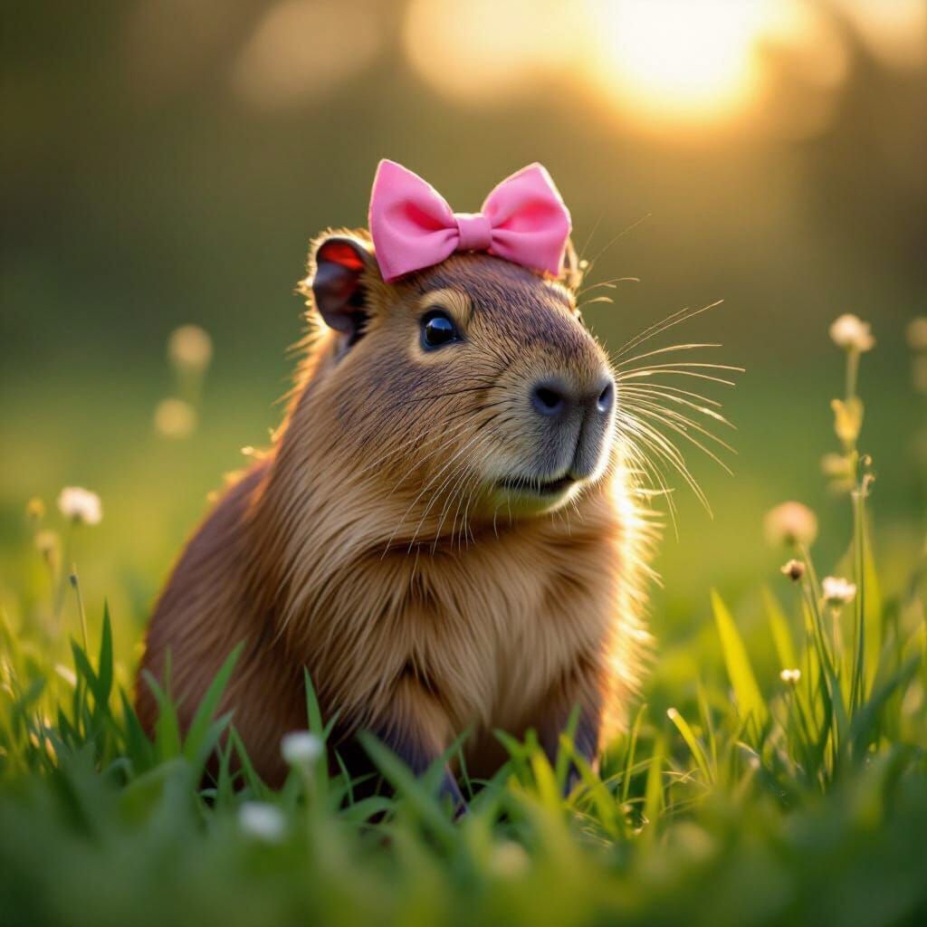 Capybara With Pink Bow in Sunny Meadow