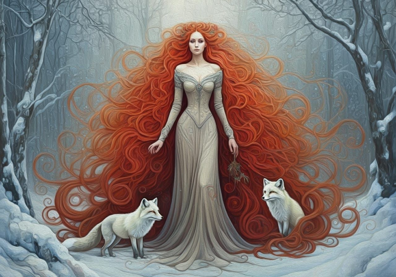 Ethereal Lady Amidst Winter Wonderland in Vibrant Impasto St...