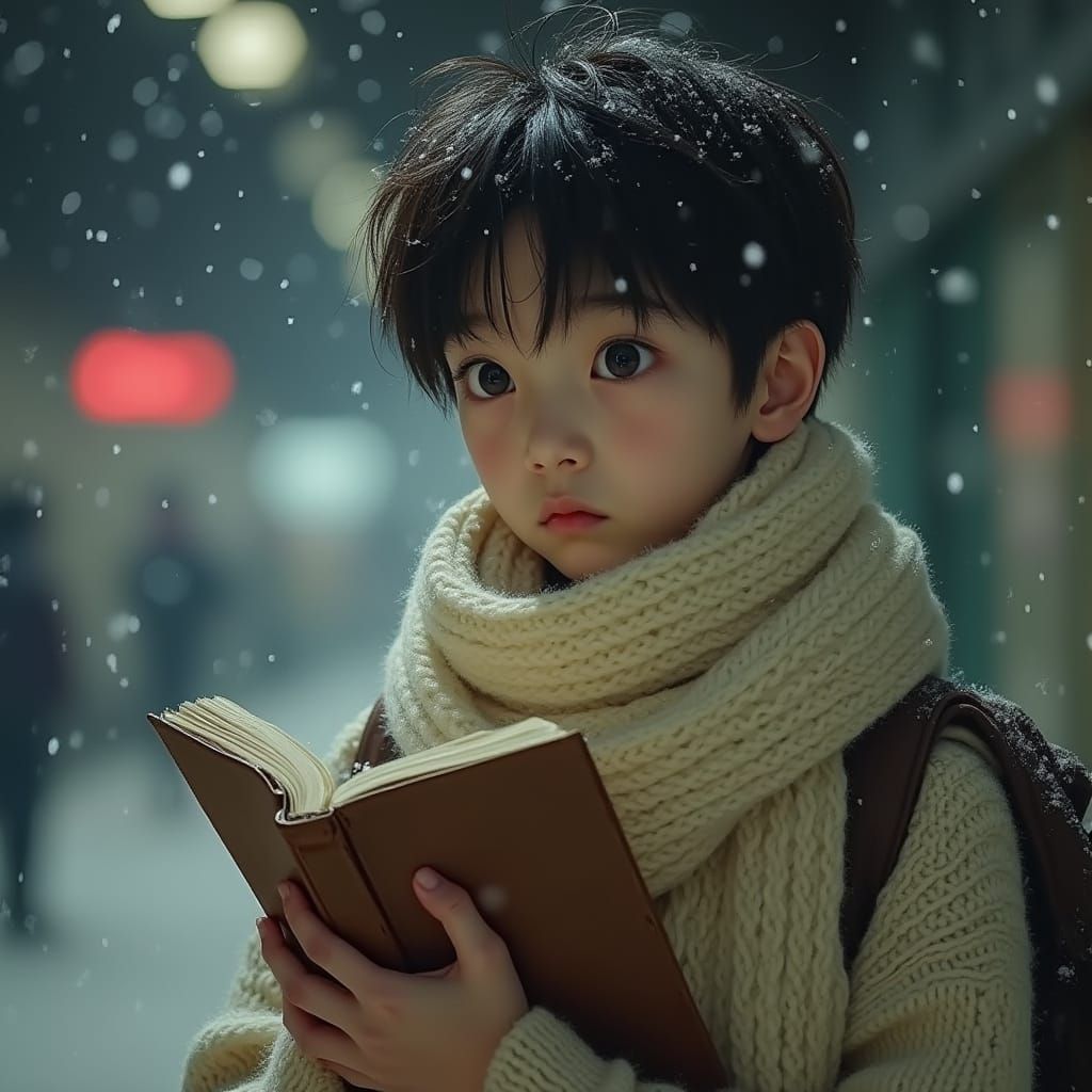 Dreamy Chinese Youth Amidst Snowy Melancholy