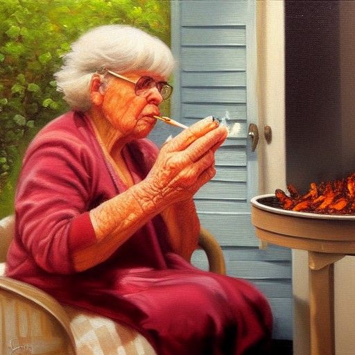 Grandma Smokes Chicken: Oil Painting by Gurney
