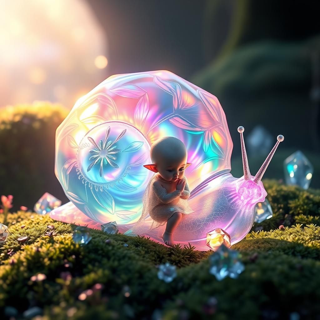 Elf with Crystalline Snail in Iridescent Glade