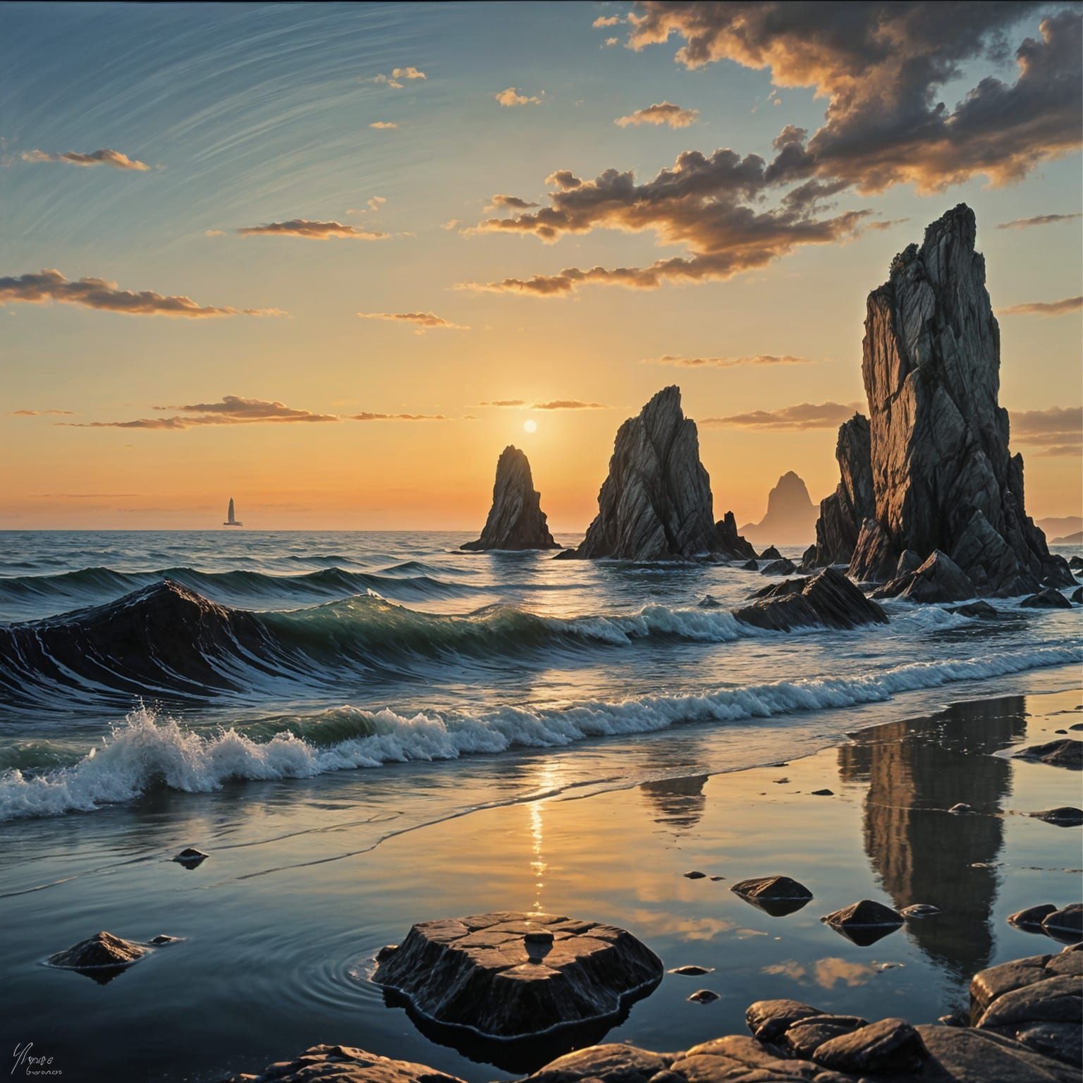 Surreal Seascape at Sunset with Silhouetted Stones
