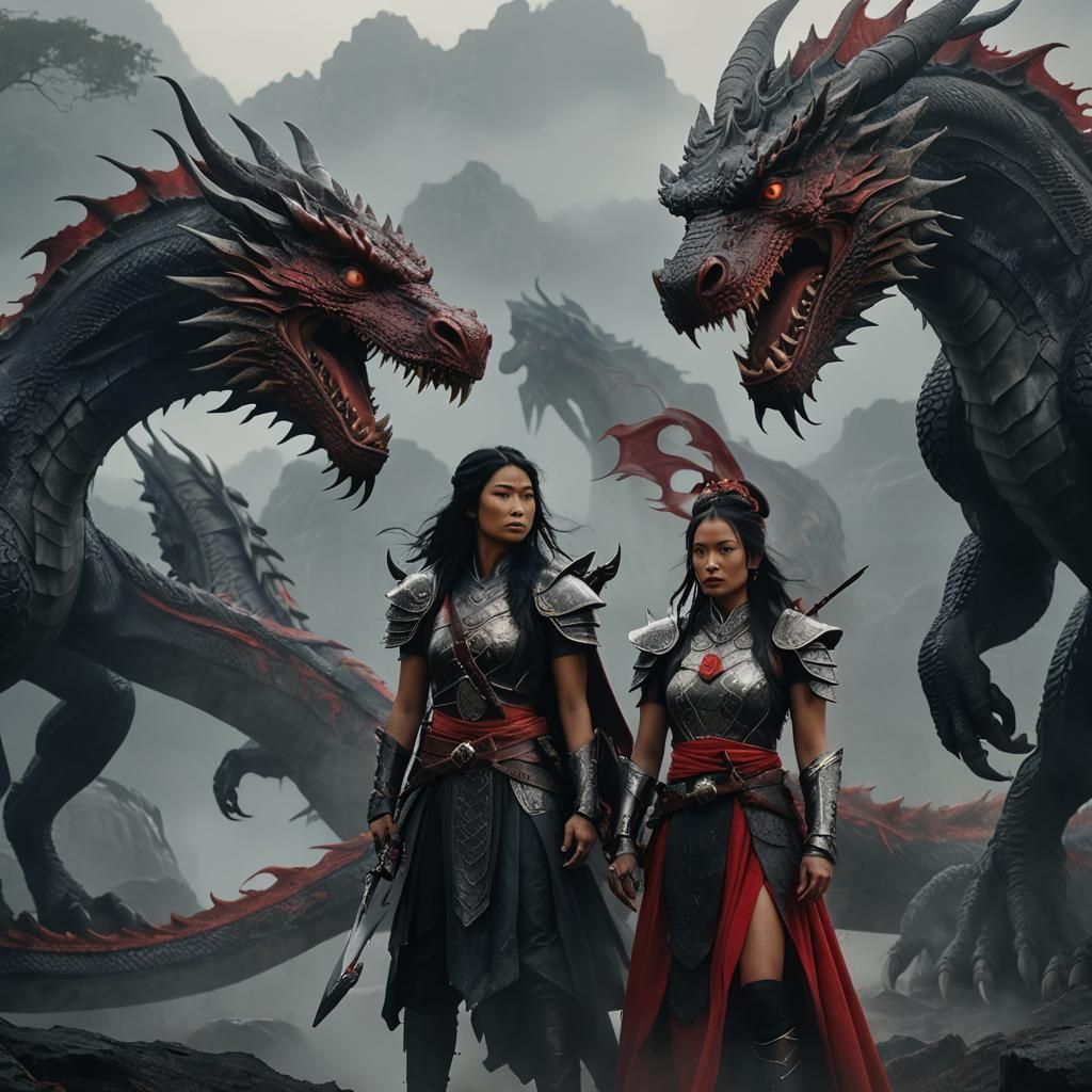 Asian Warrior Princesses with Dragons in Misty Realm