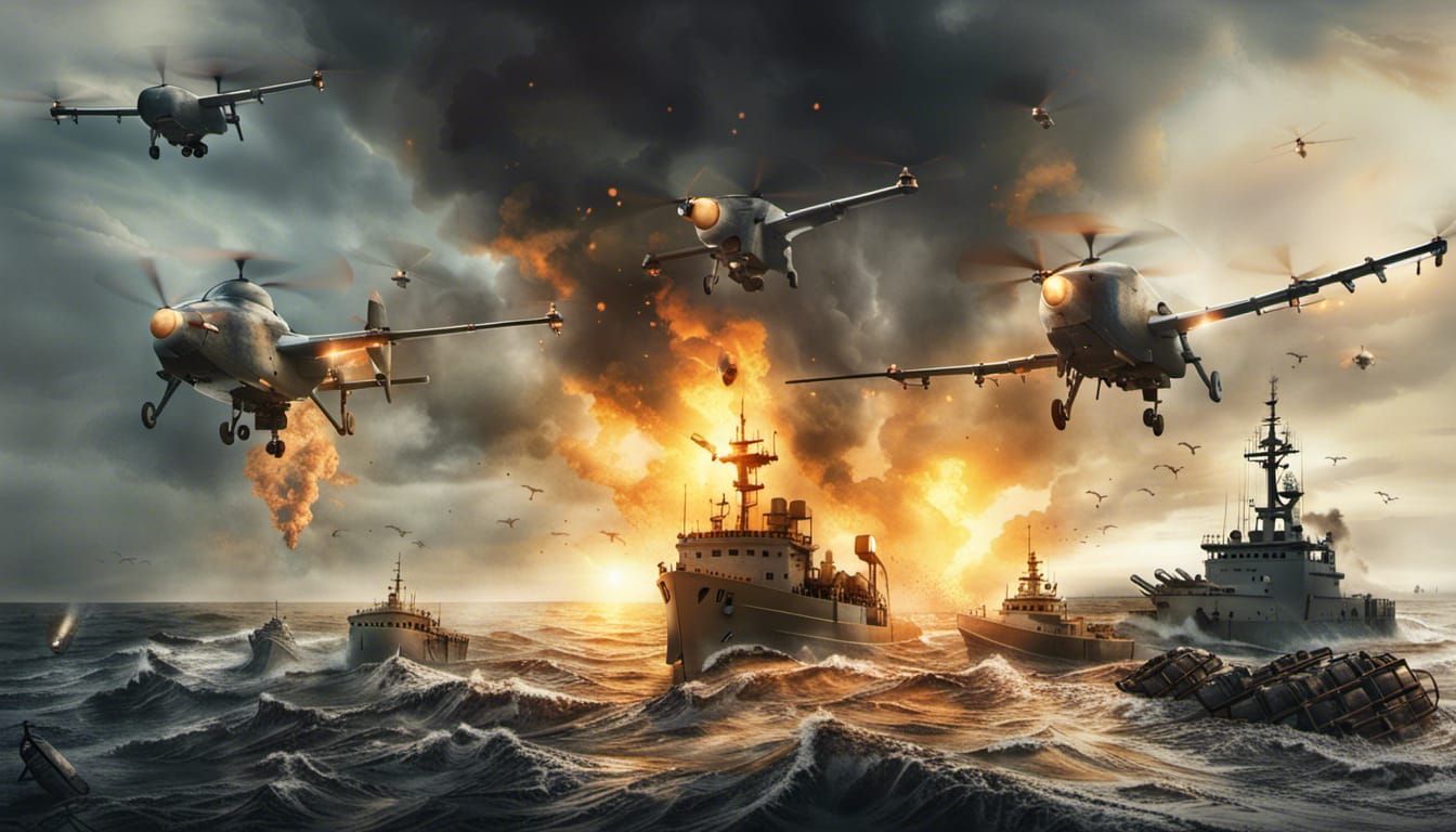 Ukrainian Sea Drones Attack Russian Port in Digital Art