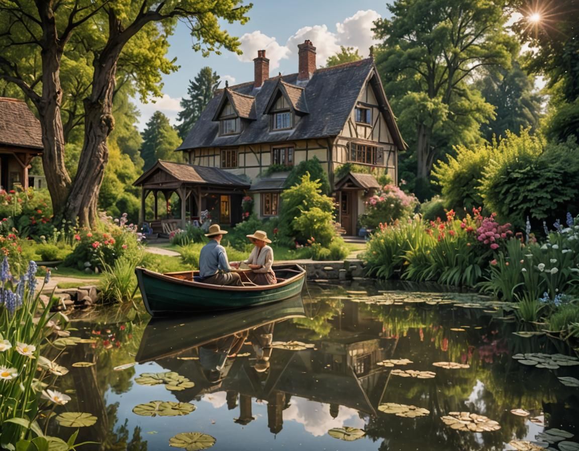Spring Sunrise: Boating on the Lake as Gouache