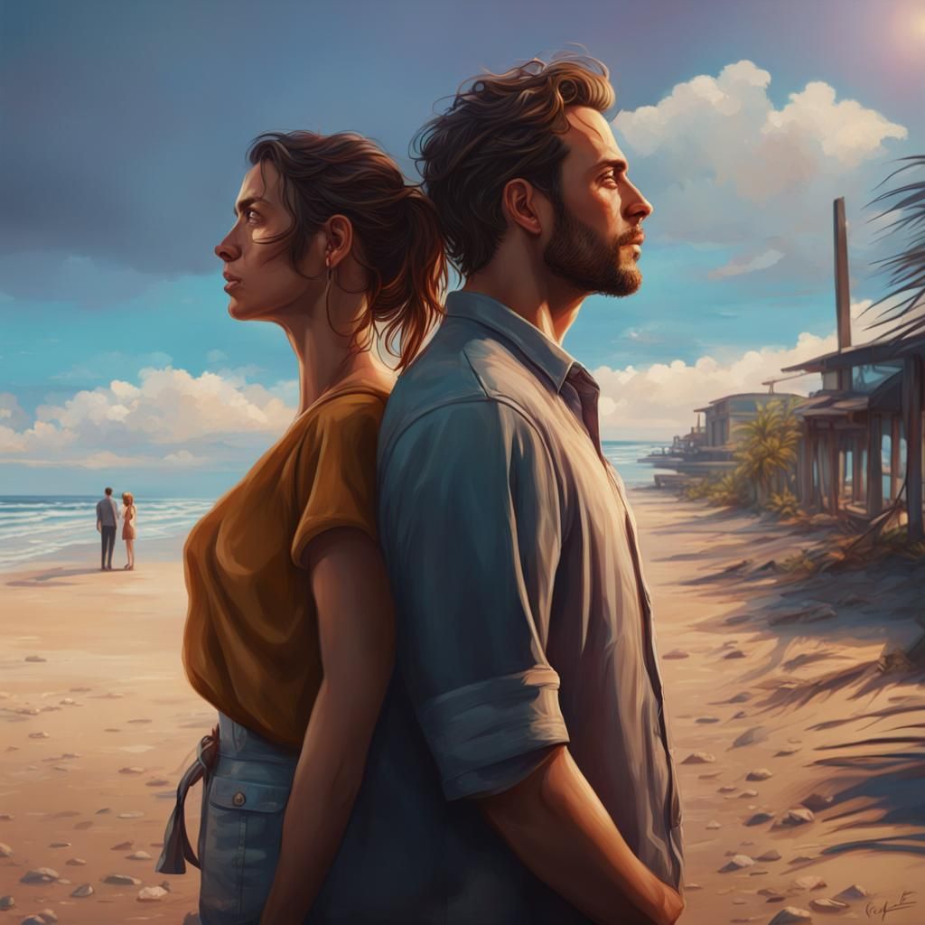 Hyperrealistic Couple Overlooking Beach at Eye Level