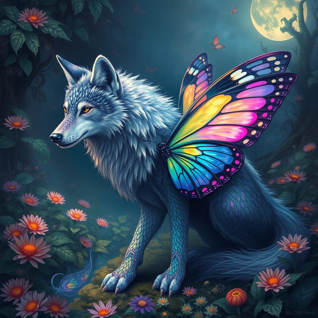 Wolf and Butterfly Hybrid in Magical Realism Style