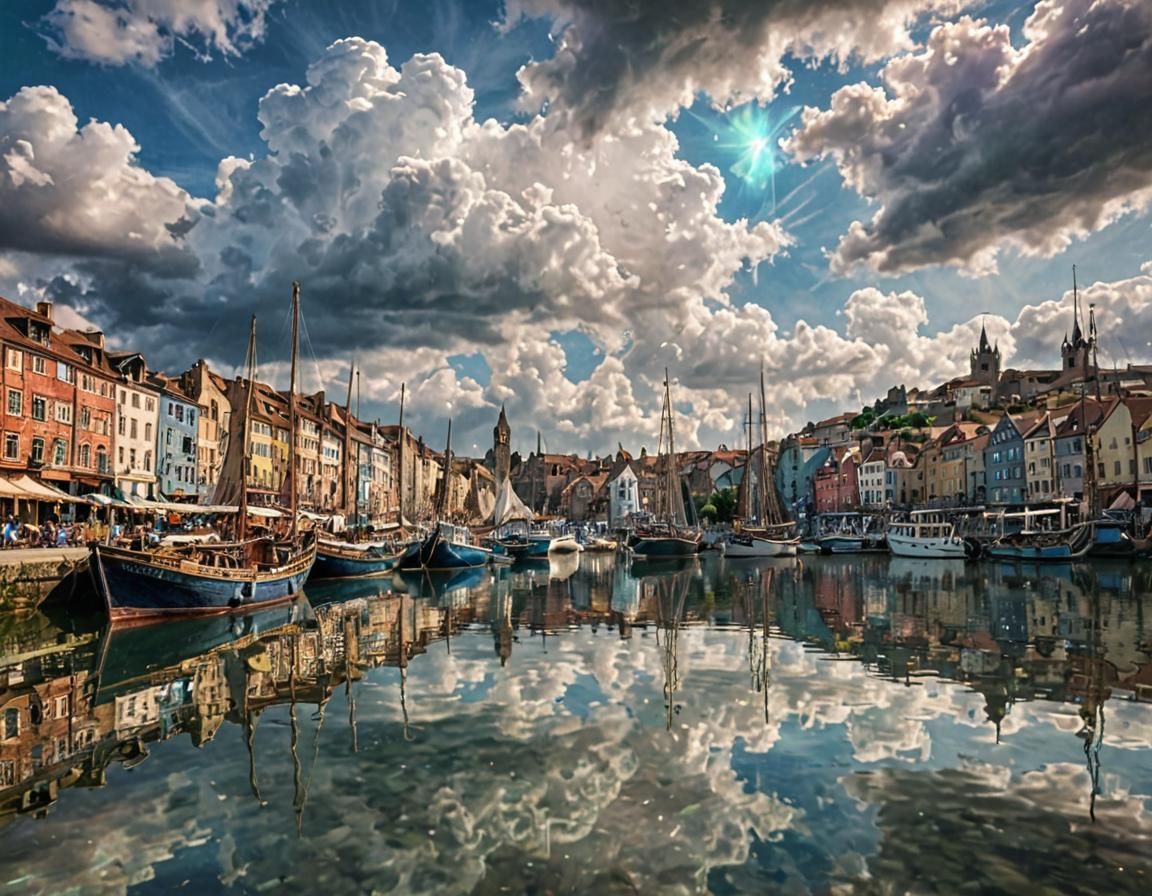 Medieval Sky City Reflected Under Iridescent Clouds