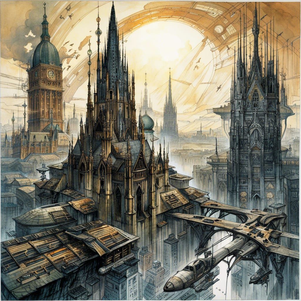 Gothic Spacecraft over Futuristic Christian City